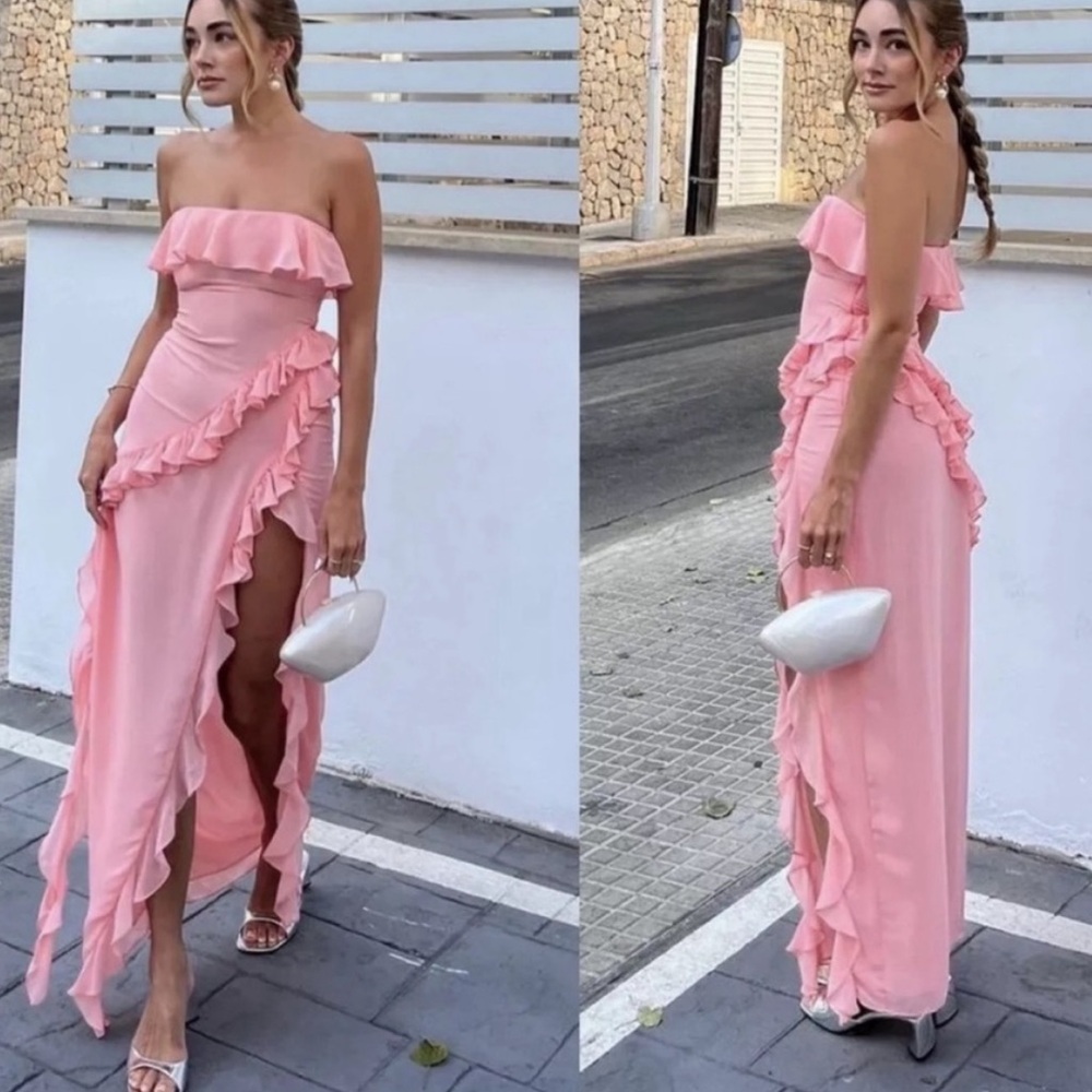 House of CB Sarina Strapless Peach Ruffle Maxi Dress